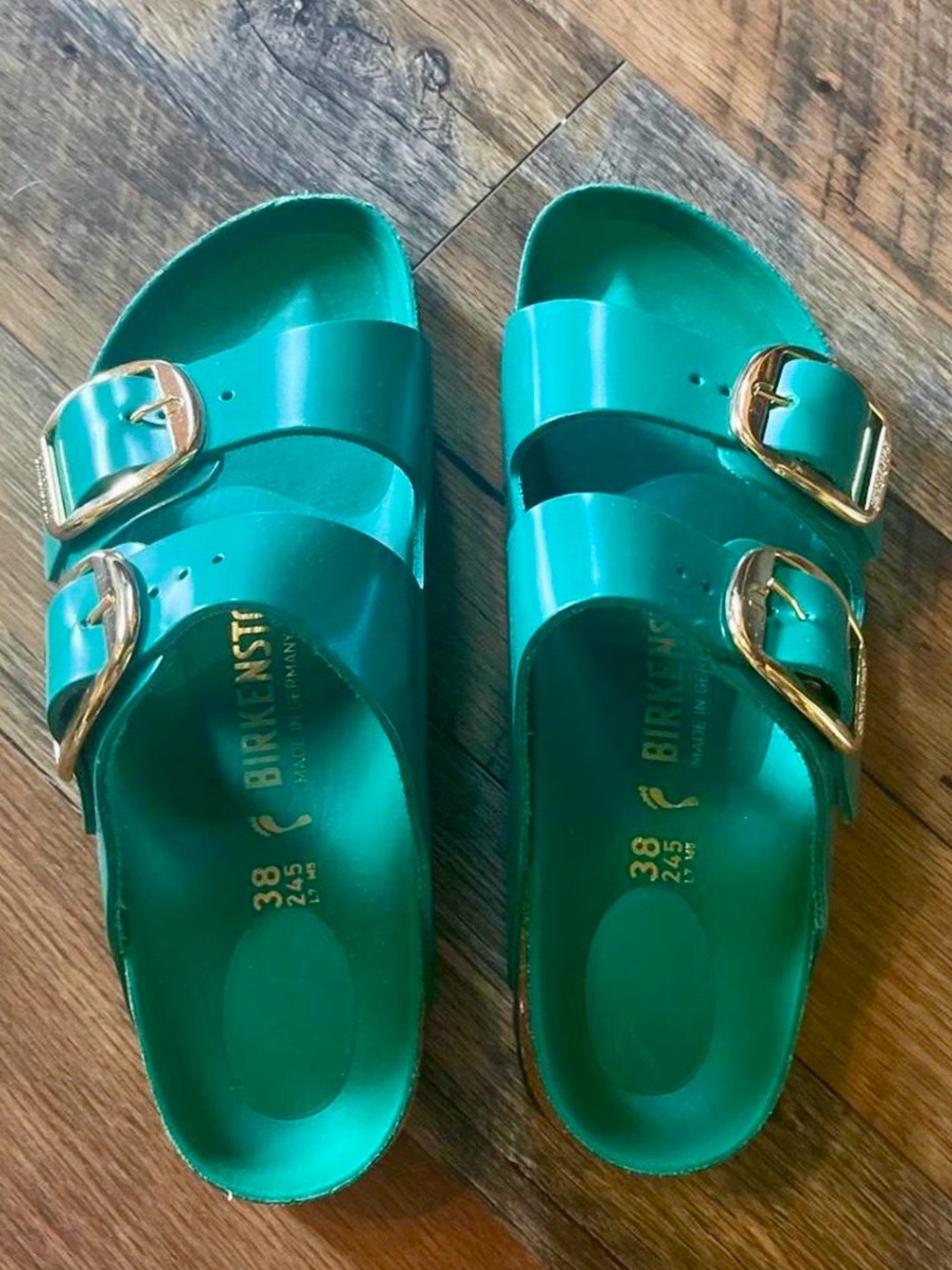 Birkenstock Teal Double-Buckle Slide Sandals with Gold Buckles